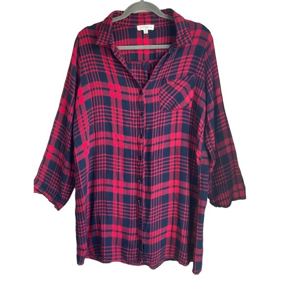Umgee Tops - Umgee Womens Sz 1XL Button Down Shirt Tunic Plaid Flannel Navy Blue Gorpcore
